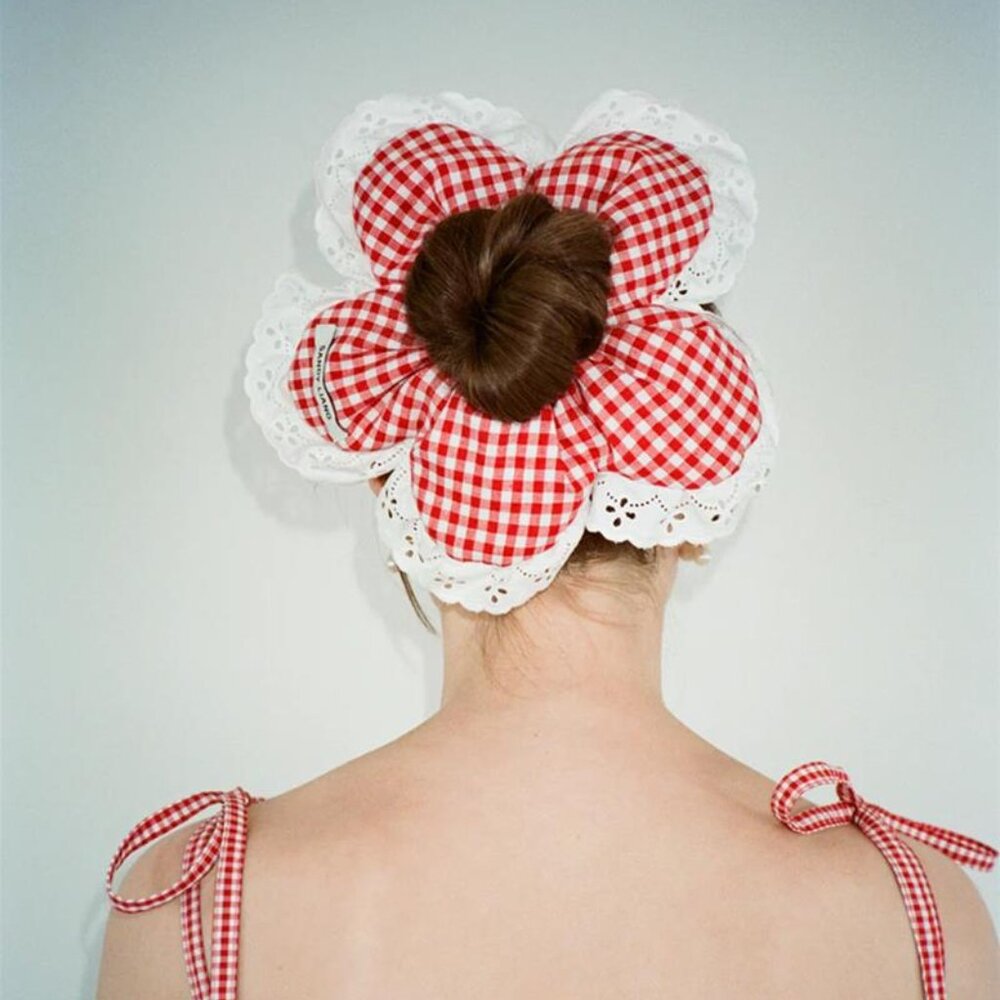 Red Gingham Ruffle Scrunchie Cottagecore Lace Hair Accessory - Picture 3 of 3